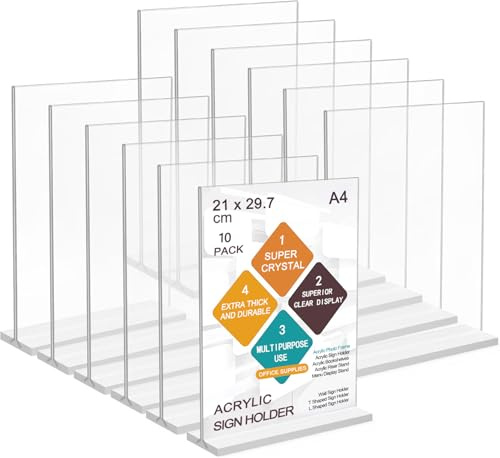 A4 Acrylic Sign Holder, 10 Pack T-Shape Display Stand Clear Menu Holders | ROSSHINE Double-Side Display Poster Holders for Office Shop Restaurant School Reception Desk