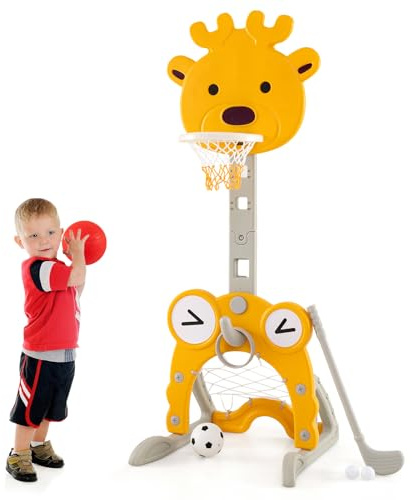 COSTWAY 4-i-1 basketkorg barn, basketstativ höjdjusterbar med korg och fotbollsmål & ringkast & golf, inomhus utomhus basketspel inkl. bollar och golfklubb, för barn från 3 år