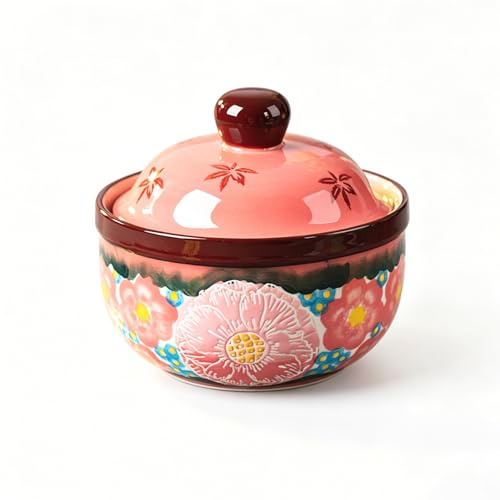LUPATDY Mini cocotte con coperchio, 330 ml, in ceramica dipinta a mano, ciotole multiuso per zuppa, dessert, uova, crème brûlée, soufflé, pirofila piccola, adatta al microonde e al forno (rosa)