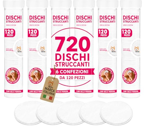 AkitaInk 720 Dischetti Struccanti in Cotone, 6 Confezioni da 120 Pezzi con Bordo Cucito, Ideali per Make-Up, Viso e Cura Quotidiana