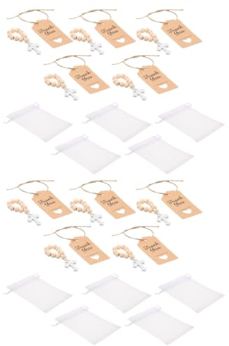 HOOTNEE Juego de Rosarios de Madera para Bautizo Cruz Beige, 10 Pulseras Cuentas y Bolsas de Malla, Obsequio Adecuado para Eventos de Bautismo y Comunión