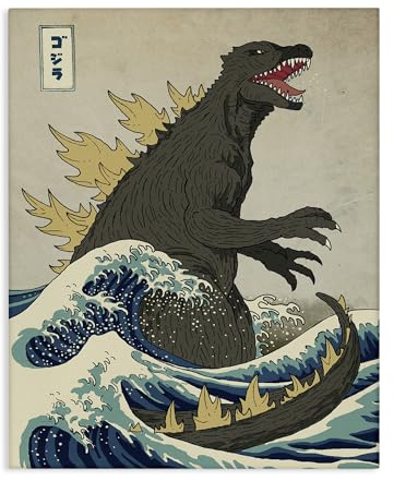 Stupell Industries Godzilla in the Waves Eastern Poster Style Illustration Canvas Wall Art Design By Artist Michael Buxton, 16 x 20, Gallery Wrapped Canvas
