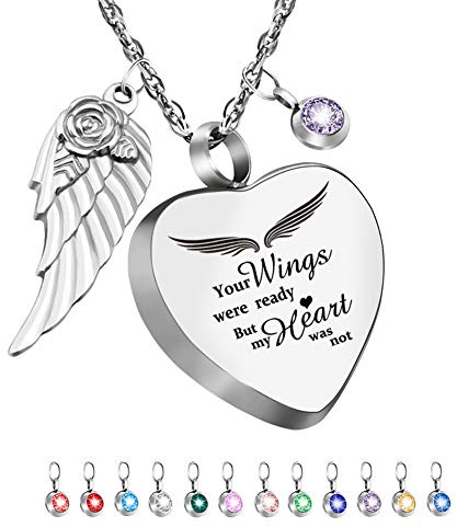 Dletay Heart Urn Necklace for Ashes with 12 Birthstones Cremation Jewelry for Ashes -Your Wings Were Ready My Heart Was Not