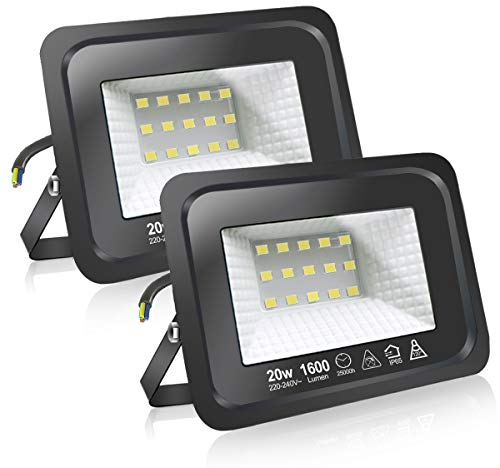 EXTRASTAR Faretti a LED per esterni 20W Potenti luci a LED per esterni IP65,Luce Bianca Fredda 6500K di sicurezza per terrazza, giardino, patio, parco, garage,2 Pezzi