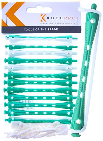 Kobe Professional Hairdressing Perm Rods with Rubbers - Non-Slip, Curling Tools for Wet/Dry Hair, Durable & Reusable - Ideal for Salons & Home Use - Green/White 6 mm
