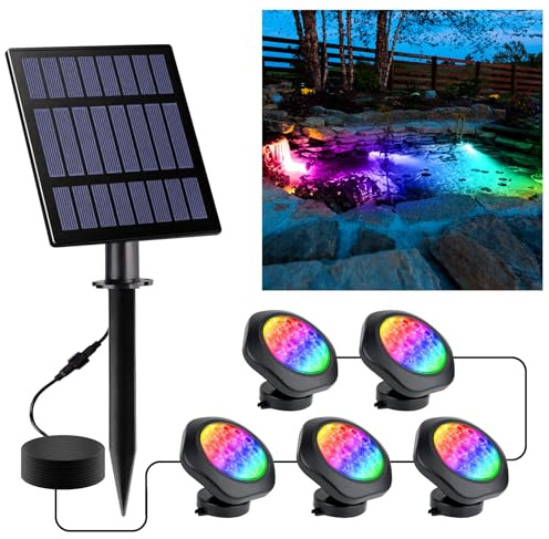 CREPOW Solar Pond Lights, 18 LED Super Bright RGB LED Underwater Spotlights Color Changing Submersible Pond Light IP68 Waterproof Fountain Lights for Fish Aquarium Tank Garden Yard Pool (5-in-1)