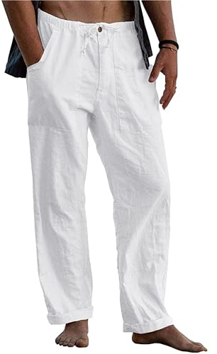 LVCBL Pantalon Ample et Décontracté en Lin pour Homme, avec Poches et Taille Élastique, pour L’Été et L’Automne, Blanc., XL
