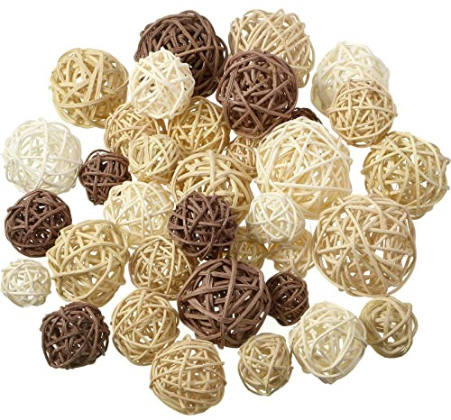 Patelai 36 Pcs Wicker Rattan Balls Decorative Balls for Vase Centerpiece Bowls Orbs Filler for Home Decor,4 Sizes(White, Wood Color, Light Tan, Coffee)