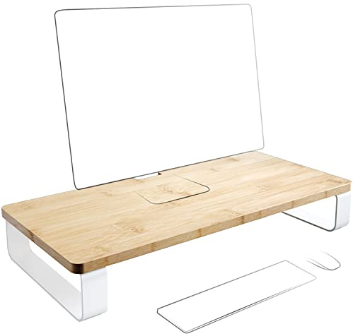KD Essentials Monitorständer & Monitorerhöhung XL – besonders hohe Traglast, einfache Montage & 100% FSC Bambus-Holz (Schreibtisch Organizer/Bildschirm-Erhöhung, verbesserte Ergonomie, weißes Metall)