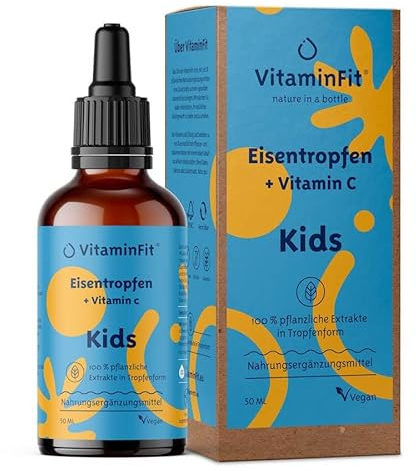 VitaminFit Eisen-Tropfen für Kinder – mit Vitamin C – flüssig – vegan, zuckerfrei, ohne Zusatzstoffe – hohe Bioverfügbarkeit – 100% natürlich und pflanzlich – Vorrat für 2 Monate (50 ml)