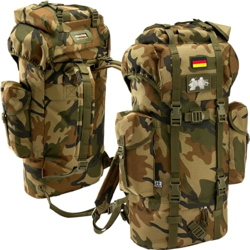 BWuM Sac à dos de combat de l'armée allemande 65 l + écusson et drapeau, woodland, 65 L
