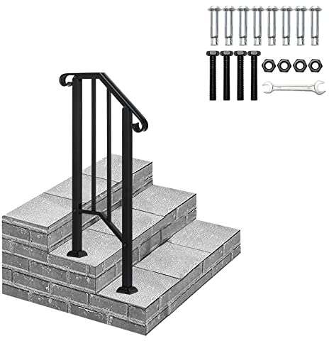 Outdoor Handrails for Stairs - Durable Galvanized Iron Railings Handrails for Outdoor Steps, Black Hand Rails Stairs Garden Exterior Staircases, Easy Install Safety Staircase Handrails (1 to 2 Steps)