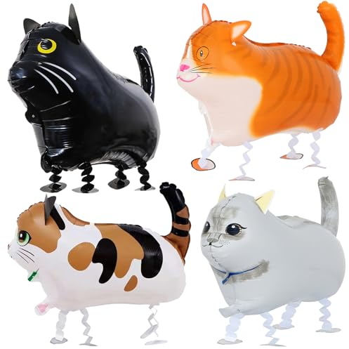 Lot de 4 ballons en aluminium en forme d'animal de compagnie - Motif chat - Pour anniversaire, décoration de fête d'enfant
