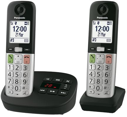 Panasonic KX-TGU432EXB Telefono senza fili digitale con segreteria telefonica, volume amplificato, unità base e 2 auricolari, display LCD, torcia elettrica, compatibile con apparecchi acustici, nero e