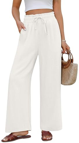 PASUDA Pantalones de Algodón y Lino Mujer Verano Cómodos Ligeros Anchos Casual Cintura Alta Elástica Rectos con Bolsillos