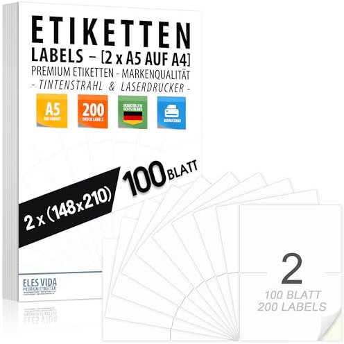 Selbstklebende DIN A5 VERSANDEIKETTEN, Versandaufkleber 210 x 148 mm auf DIN A4-100 Blatt (200 Labels) - (2 pro A4 Bogen) matte Oberfläche, bedruckbar mit Tinte- und Laserdruckern, MADE IN GERMANY