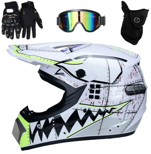 Casco Motocross Caschi Cross Per Adulti Bambini ATV Casco Integrale MTB Certificato DOT con Occhiali Maschera Guanti(D4,L(56-57cm))