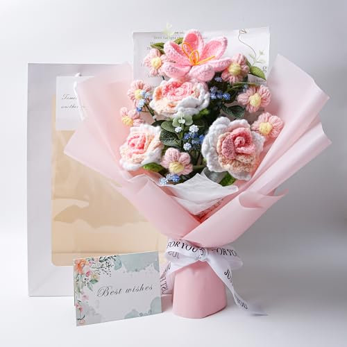 EZsenses Bouquet de fleurs au crochet – Bouquet de roses tricotées à la main pour décoration d'intérieur, mariages, anniversaires, fête des mères – Comprend un sac cadeau et une carte de vœux, faux