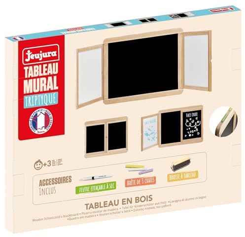 Jeujura - Tableau Mural Triptyque - Une ardoise centrale pour écrire à la craie et deux volets pour feutre effaçable à sec et craie - Nombreux Accessoires – Dès 3 ans - Fabriqué en France - 8804