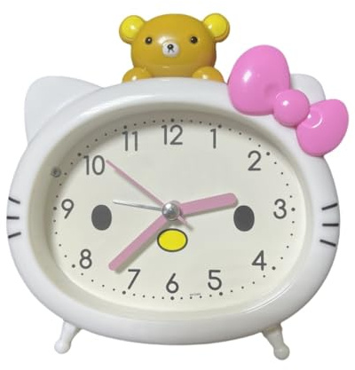 Fuxizest Cute Cat Alarm Clock, Kawaii Alarm Clock，Cartoon Cat Clock，Cute Clock，White with Pink Bow, Yellow Bear Topper, Kids Room Decor (White with Little Bear)