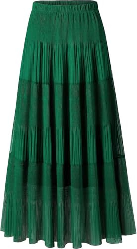 comefohome Womens Skirts UK Elasticated Waist Maxi Long Summer Pleated Flowy Chiffon Adjustable A Line High Waist Ladies Skirt Green L