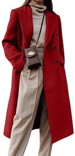 IDEALSANXUN Long Wool Coats for Women 2026 Fall Winter Double Breasted Trench Coats Tweed Blazer Dressy Jackets, Mapel Red, XL