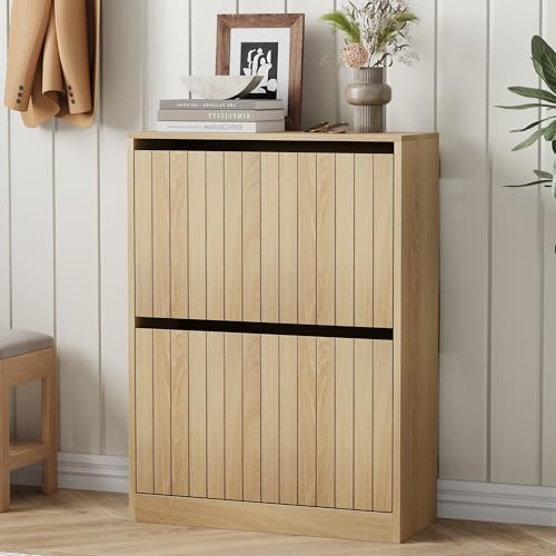 Semiocthome 2 Tier Drawer Shoe Cabinet, 80×60×24cm Wooden Shoe Storage Cabinet, Artistic Storage Cupboard for Hallway and Indoor Use