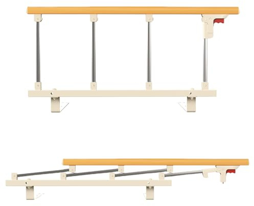 KIRJAUDU Barrière de Lit Adulte Pliable à Une Touche avec Poignée Aspect Bois, Barrière de Lit de Sécurité Anti-Chute pour Personnes Âgées et Convalescents, Structure en Métal Robuste pour Lit Adulte