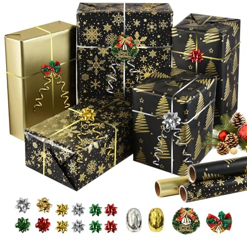ALANGDUO Papel Regalo Navidad Rollo Grande, 3 Rollos 43 x 300 cm Negro y Dorado Papel de Regalo Navidad con Accesorios de Embalaje, para Fiestas y Cumpleaños