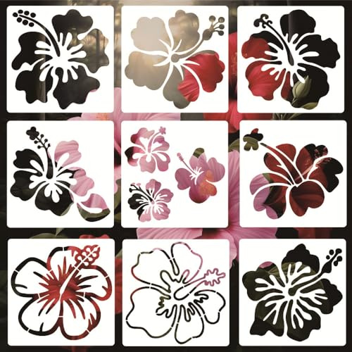 Baychendoo 9-Pack Hibiscus Flower Stencils Set - Reusable PET Painting Templates for Canvas, Scrapbooking, Baking, Embroidery, DIY Art Crafts and Home Decor