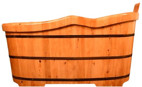 PP-Vic 51IN Handcrafted Freestanding Wooden Bathtub, Solid Wood Deep Soaking Tub, 5 Accessories with Pillows And inside And outside Stool, Reinforced Metal Frame, Suitable for Home Spa