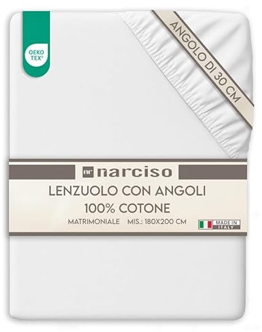 NARCISO Lenzuolo con Angoli Matrimoniale 100% Cotone (180x200 con Angolo di 30cm) Lenzuola Sotto con Angoli Matrimoniale Traspirante ed Anallergico, Biancheria da Letto Made in Italy (2P, Bianco)