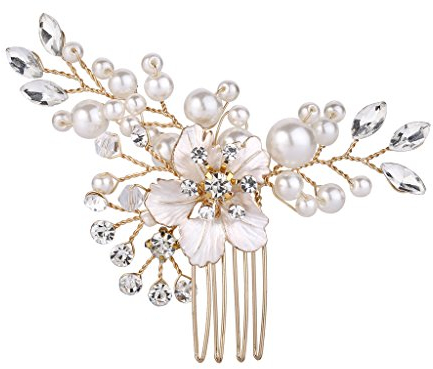 Clearine Damen Haarkamm Hochzeit Braut Kristall Künstliche Perlen Hibiskus Blume Haarnadeln Klar Gold-Ton