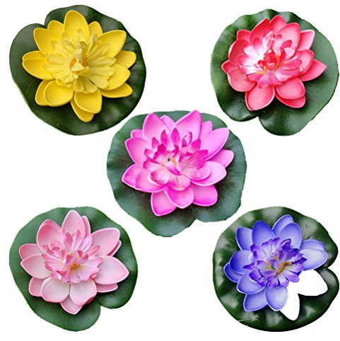 VORCOOL Lot de 5 nénuphars flottants artificiels en EVA pour Bassin de Fleurs de Lotus 10 cm (Rouge/Jaune/Bleu/Rose/Rose Clair)