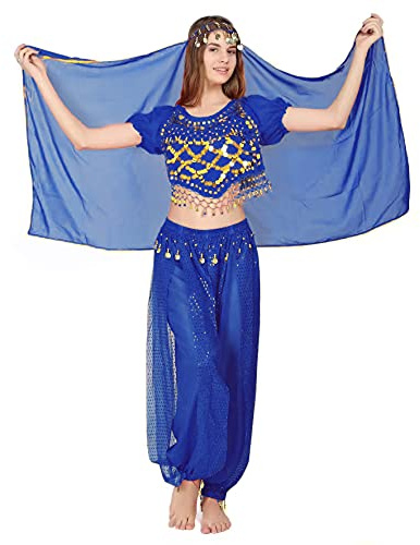 Carnavalife 3Pcs Mujeres Danza del Vientre, Ropa India Lentejuelas para Disfraz de Princesa, Conjunto de Bailando Top Pantalones de Linterna y Cadena de la Cabeza Barbijo (Azul)