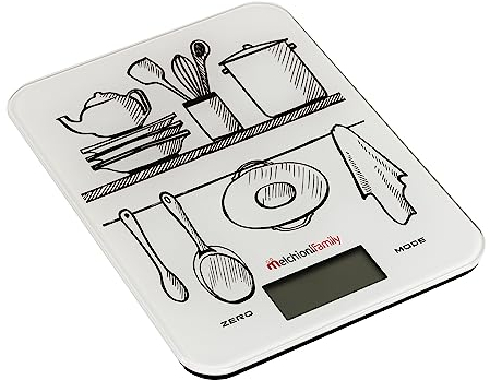 Melchioni Family | Bilancia Cucina Digitale Ultrasottile, GLASS, Bilancia da Cucina con Display, Capacità 10 kg, Vetro Temprato, Bianca con Fantasia