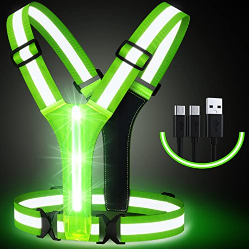 Simket Laufweste Reflektorweste Warnweste, LED Wiederaufladbare USB Lauflicht, Elastische Verstellbare Leuchtweste für Joggen Wandern oder Radfahren in der Nach (Green)