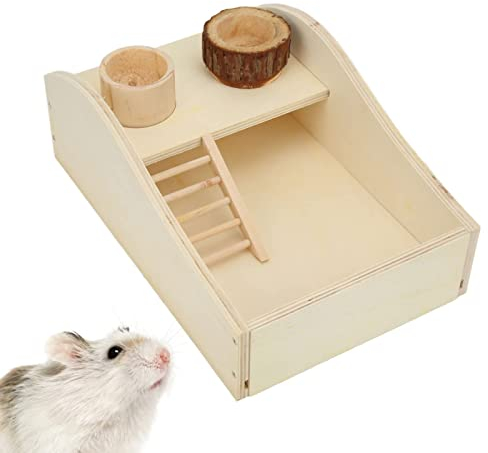 Hapivida Hamster Sandbad Box, Natural Wood Sand Bath Container for Small Pets, Stress Relief, DIY Design, Ladder Included for Mice, Lemmings, Gerbils, and Other Small Animals