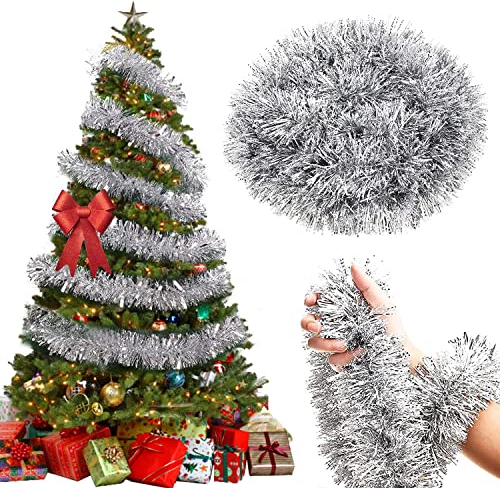 Weihnachtsbaum Lametta Girlande Silber, 10 m Weihnachtsdeko Girlande Silber, Christbaumschmuck Girlande Silber, Girlande Weihnachten Silber, Weihnachtsgirlande Silber, Baumschmuck Girlande Silber