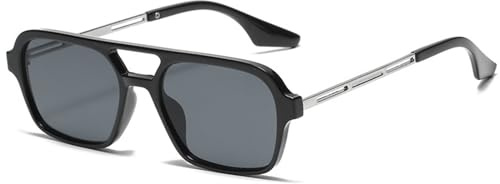 LOJUDI Retro Sonnenbrille Damen Pilotenbrille Herren Vintage Fliegerbrille Blau Gläser Piloten Rechteckig 70er Metall Design Brille UV400 Schutz-Schwarz/Grau