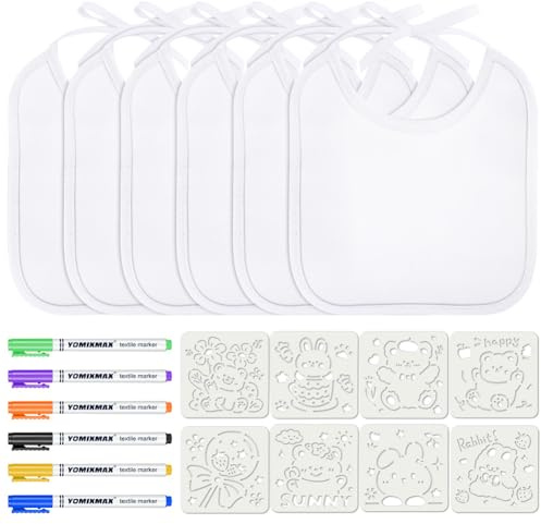Aolso Baby Bibs for Painting, 6 Pieces Baby White Bibs, Waterproof Bibs for Baby with 6 Textile Pens and 8 Painting Stencils, Gift for Baby Shower Party, Drool Bib (18 x 18cm)