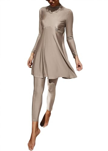 shownicer Costume da Bagno Musulmano Donna Manica Lunga Burkini + Pantaloni da Nuoto Islamico 2 Pezzi Costume da Bagno Copertura Completa Modesto Swimsuit Beachwear B Albicocca L