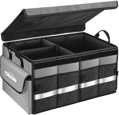 oasser Organizer per Bagagliaio Auto Waterproof 55L 600D Tessuto Oxford Organizer per Bbaule Pieghevole Multiscomparto Antiscivolo con Base Robusta Borsa per Bagagliaio Grigio