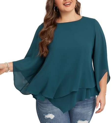 Hanna Nikole Chemisier en mousseline de soie à manches 3/4 pour femme - Double couche - Grande taille - Élégant - Ample