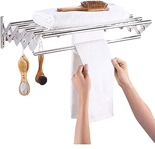 Generisch Handtuchhalter Scheren-Wäschetrockner Edelstahl Akkordeon-Stil Wäscheständer Handtuchhalter mit Haken für den Balkon platzsparend Badezimmer Terrasse (Farbe: Silber Größe: 40 x 30