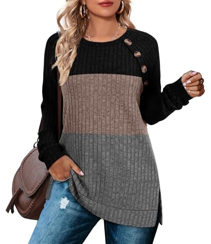 Aokosor Jumpers for Women Crewneck Long Sleeve Tops Ladies Button Kit Tunics for Leggings Color Block Size 18-20