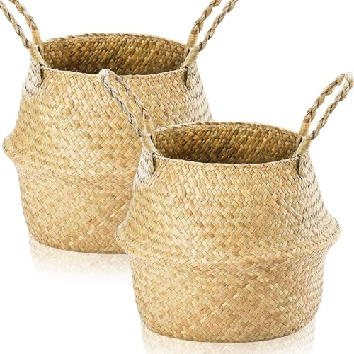 Lighterday Lote de 2 macetas de flores interior cestas de mimbre tejidas en junco de mar con asa, maceta de flores cesta para ropa cesta de almacenamiento redonda para estanterías (XL 36 × 32 cm)