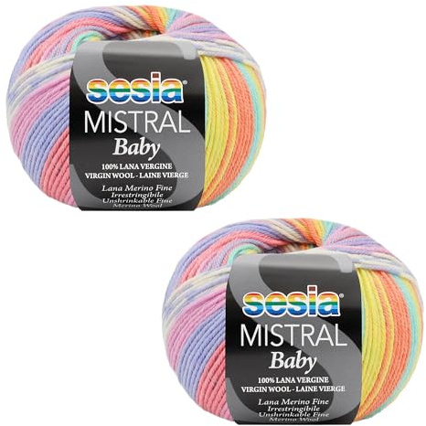 2 Ovillos 100% Lana Merino Fina no econgible, 100 g/360m, Agujas de tejer 2.5-3, Sesia Mistral Baby, Hilo Fantasia Multicolor para Punto y Ganchillo (2, Multicolor - 4335)