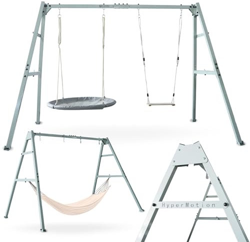 HyperMotion Altalena da Giardino per Bambini e Adulti 3-in-1 - Set con Dondolo, Nido Cicogna e Amaca - Struttura in Acciaio Regolabile fino a 180kg - Altalena per Bambini da 3 Anni