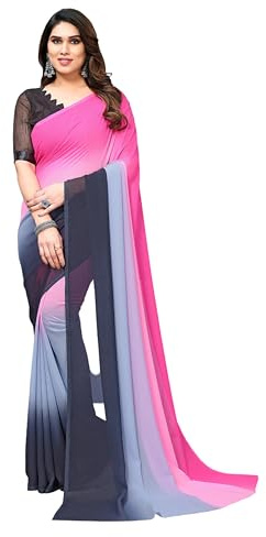 ETHNICMODE Indian Saree For Women Soft Satin Light Weight Party Wear Pink Sari With Unstitched Grey Blouse Piece-1120